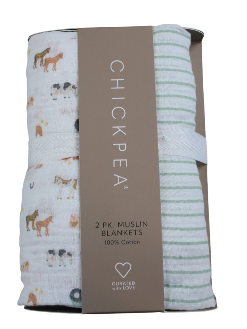 Chick Pea Muslin Baby Swaddle Blanket Set Farm Animals Green Stripe Boy NWT RARE